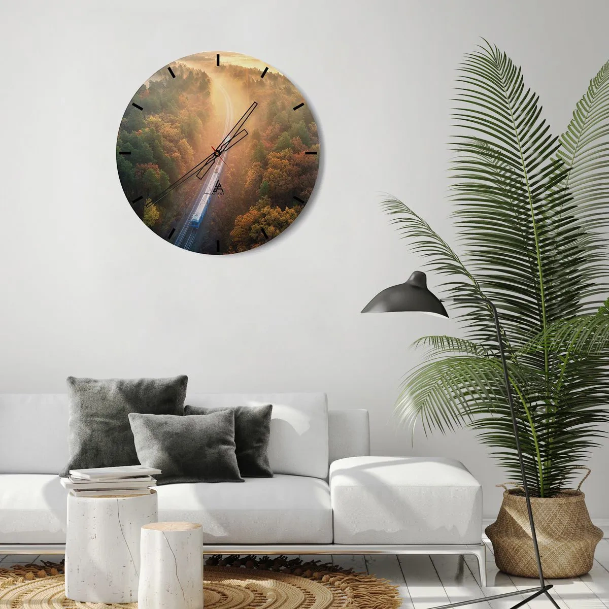 Zegar ścienny - Pociąg jadący przez jesienny las w porannej mgle - 30x30cm - Jesienna podróż - Nowoczesna dekoracja ścienna do salonu, kuchni i sypialni ARTTOR