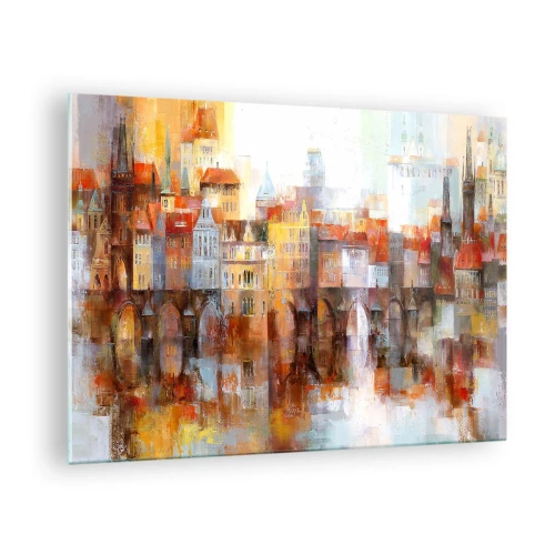 Obraz na szkle - Kolorowa panorama miasta z mostem i odbiciem w wodzie - 70x50cm - Pod mostem też pięknie - Nowoczesna dekoracja ścienna do salonu i sypialni ARTTOR