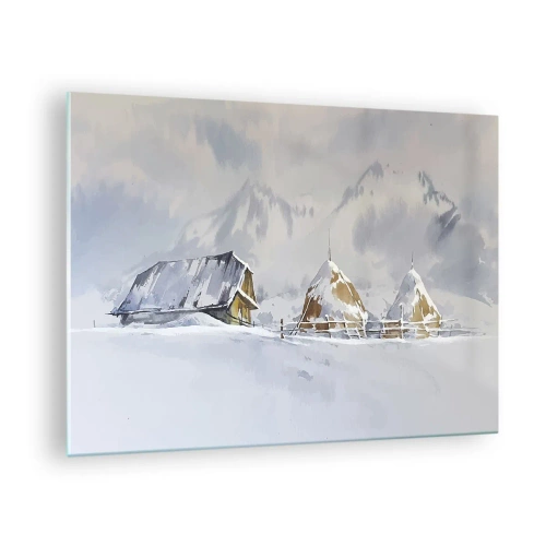 Obraz na szkle - Zimowy krajobraz z chatą i stogami siana w górach - 70x50cm - W śnieżnej kotlinie - Nowoczesna dekoracja ścienna do salonu i sypialni ARTTOR