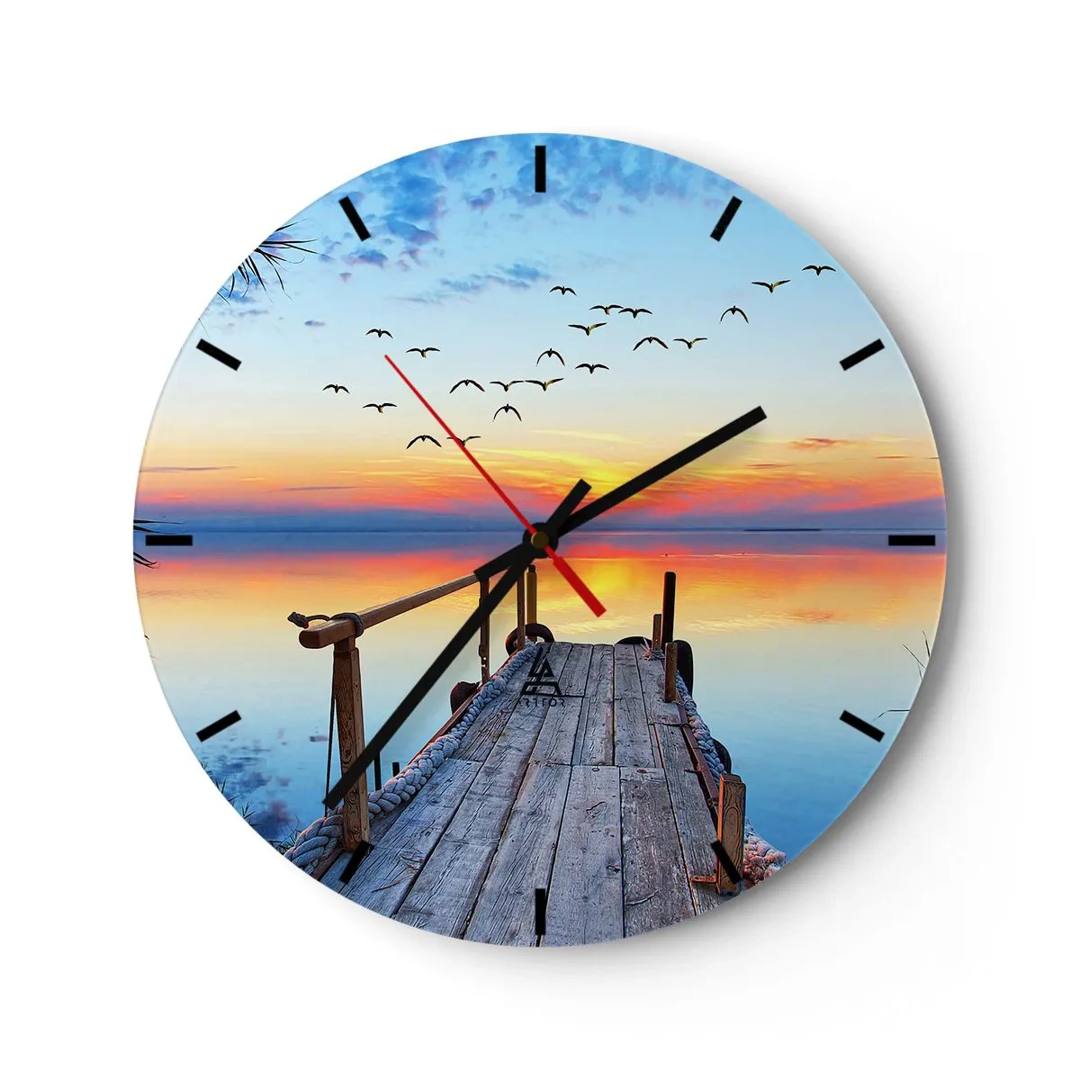 Zegar ścienny - Pomost na jeziorze w promieniach zachodzącego słońca - 30x30cm - Pora wracać… - Nowoczesna dekoracja ścienna do salonu, kuchni i sypialni ARTTOR