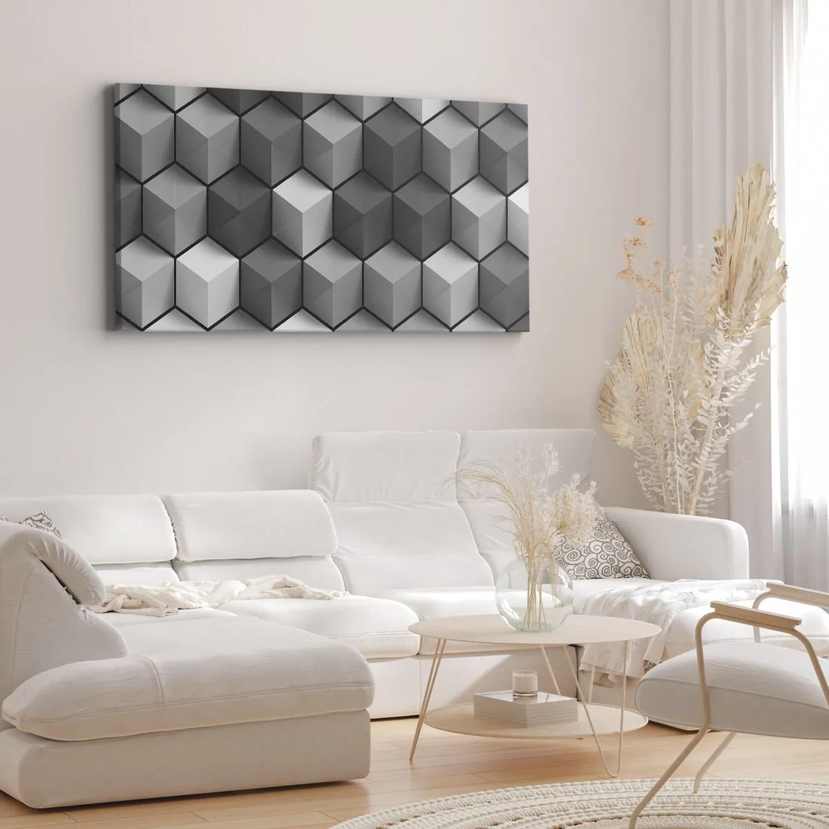 Obraz na płótnie - Geometryczna kompozycja kostek w odcieniach szarości i czerni - 140x50cm - Kubistyczna układanka - Nowoczesna dekoracja ścienna do salonu i sypialni ARTTOR