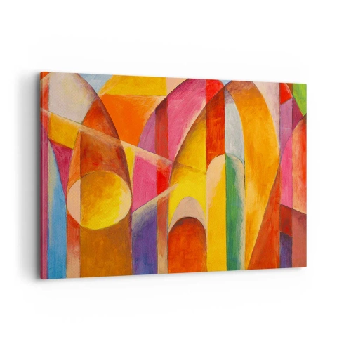 Obraz na płótnie - Abstrakcyjna kompozycja pełna kolorowych form geometrycznych - 100x70cm - Katedra słońca - Nowoczesna dekoracja ścienna do salonu, kuchni i sypialni ARTTOR