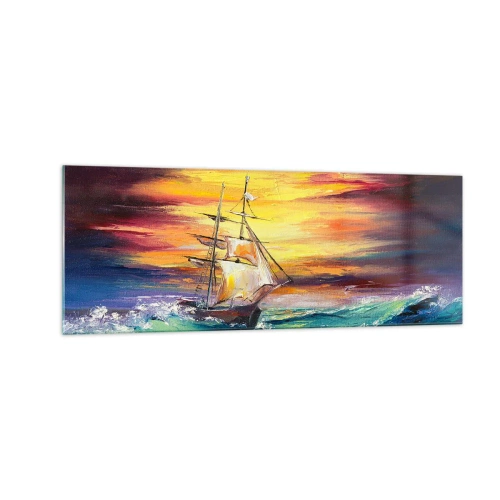 Obraz na szkle - Żaglowiec na tle kolorowego zachodu słońca - 140x50cm - Dzielnie pod fale - Nowoczesna dekoracja ścienna do salonu i sypialni ARTTOR
