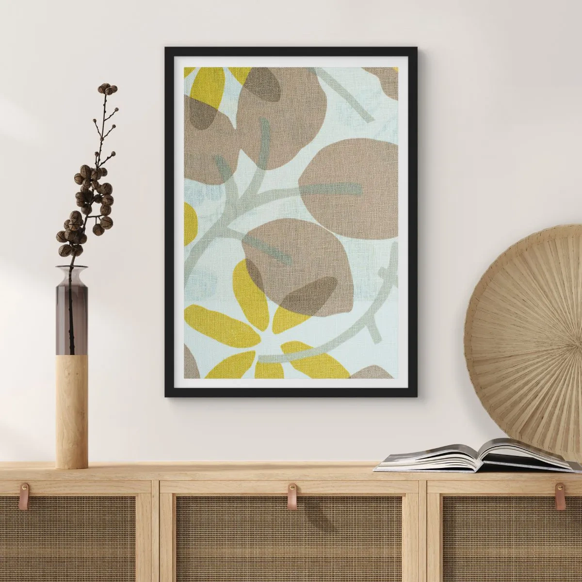 Plakat w czarnej ramie - Delikatna botaniczna grafika w naturalnych barwach - 50x70cm - Kompozycja w pełnym słońcu - Nowoczesna dekoracja ścienna do salonu i sypialni ARTTOR
