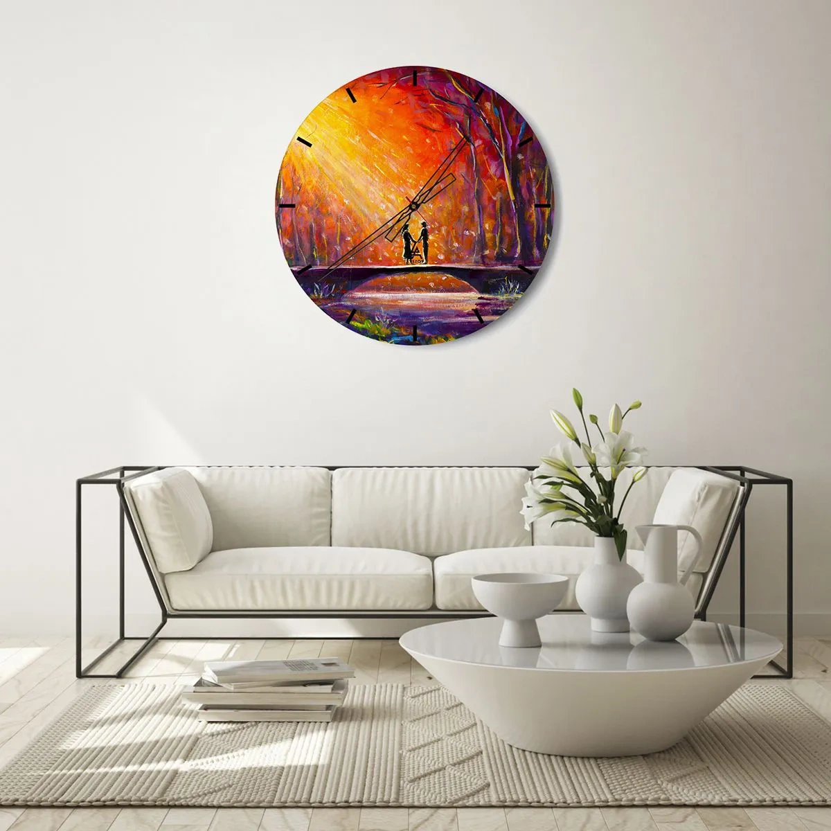 Zegar ścienny - Kolorowy zachód słońca nad mostem w lesie - 30x30cm - Niebo ich też kocha - Nowoczesna dekoracja ścienna do salonu, kuchni i sypialni ARTTOR