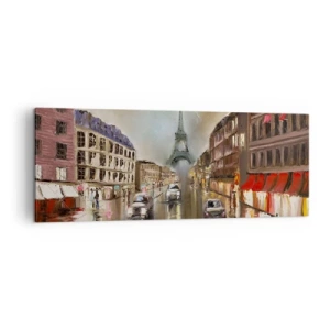 Obraz na płótnie - Wieczorny pejzaż ulicy Paryża z widokiem na wieżę Eiffla - 140x50cm - Liczy się tylko ona - Nowoczesna dekoracja ścienna do salonu i sypialni ARTTOR