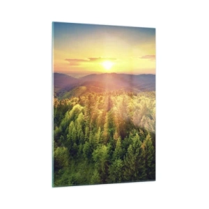 Obraz na szkle - Zachód słońca nad górskim lasem z widokiem na doliny - 50x70cm - Wierzchołki i szczyty - Nowoczesna dekoracja ścienna do salonu, kuchni i sypialni ARTTOR