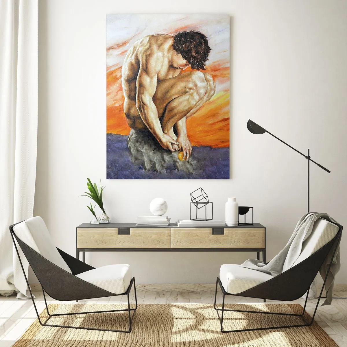Obraz na szkle - Nagie ludzkie ciało na tle intensywnego pomarańczowego nieba - 50x70cm - Zatopiony w sobie - Nowoczesna dekoracja ścienna do salonu, kuchni i sypialni ARTTOR