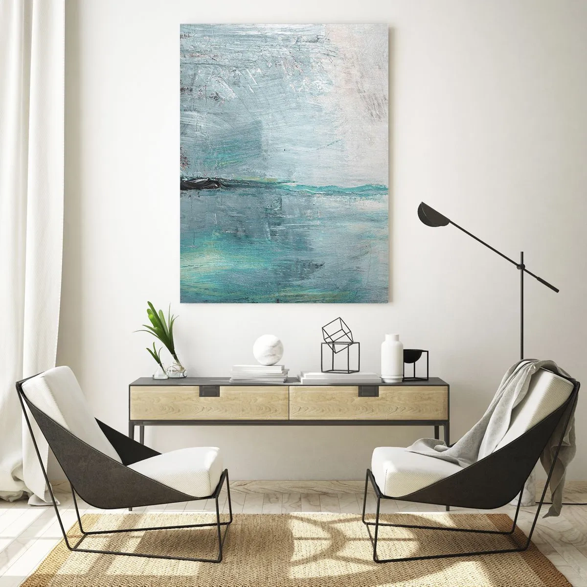 Obraz na szkle - Abstrakcyjna kompozycja w odcieniach błękitu i szarości - 50x70cm - Horyzontalnie w błękicie - Nowoczesna dekoracja ścienna do salonu, kuchni i sypialni ARTTOR