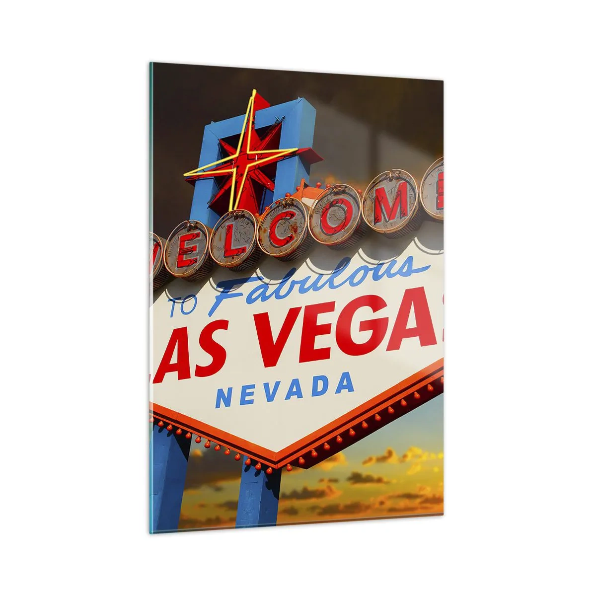 Obraz na szkle - Znak powitalny Las Vegas na tle zachodzącego słońca - 50x70cm - Po uśmiech losu - Nowoczesna dekoracja ścienna do salonu, kuchni i sypialni ARTTOR