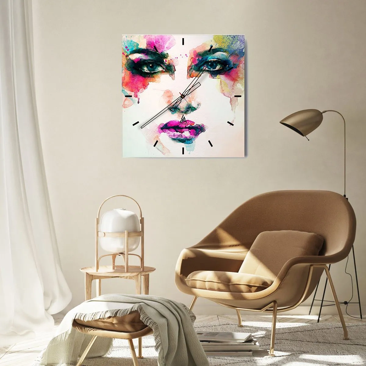 Zegar ścienny - Abstrakcyjny portret kobiety w intensywnych barwach - 30x30cm - Portret malowany tęczą - Nowoczesna dekoracja ścienna do salonu i sypialni ARTTOR