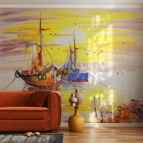 Fototapeta Samoprzylepna Deluxe Sticker - Zasłużony odpoczynek w porcie - Łódź Rybacka, Połów Ryb, Ptaki - 400x280 cm