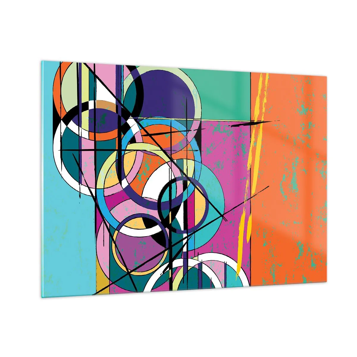 Obraz na szkle - Kolorowa abstrakcja z geometrycznymi kształtami i okręgami - 100x70cm - Koło za kołem - Nowoczesna dekoracja ścienna do salonu, kuchni i sypialni ARTTOR
