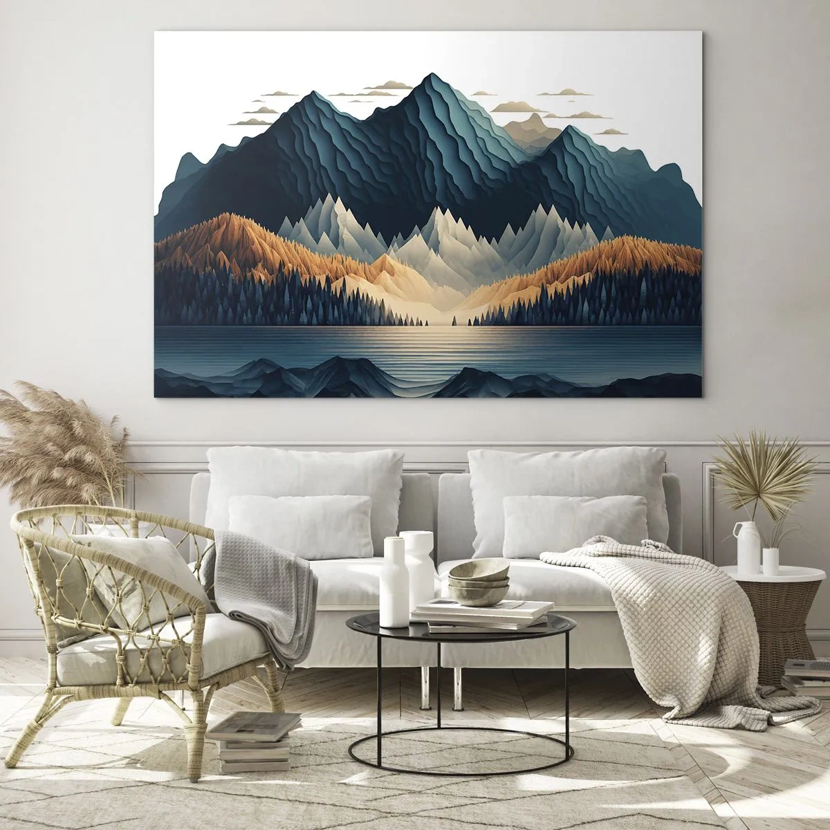 Obraz na szkle - Stylizowany krajobraz górski z lasem i jeziorem - 70x50cm - Pejzaż górski doskonały - Nowoczesna dekoracja ścienna do salonu i sypialni ARTTOR