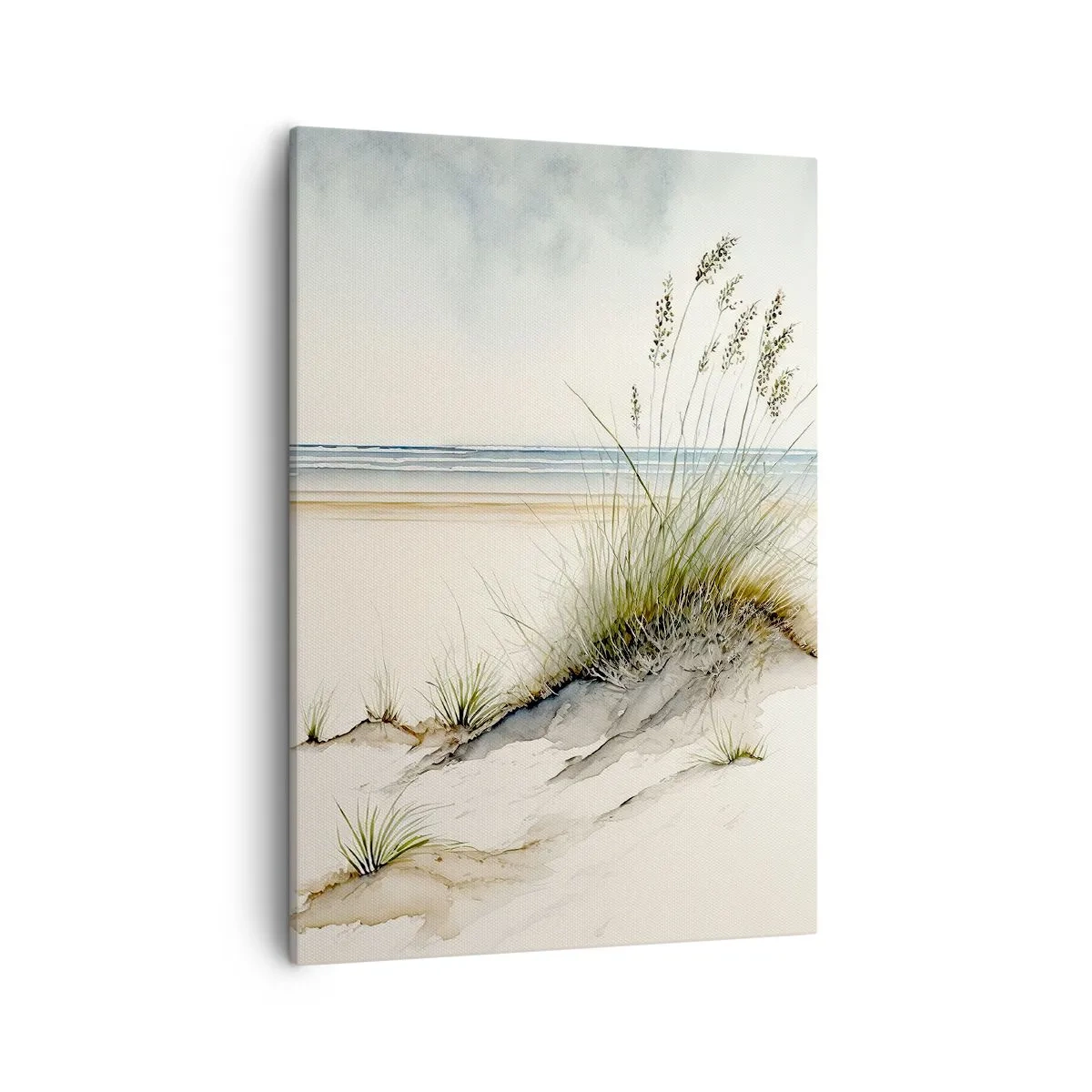 Obraz na płótnie - Piaskowa wydma z trawami na tle spokojnego morza i nieba - 50x70cm - Wypieszczone przez wiatr - Nowoczesna dekoracja ścienna do salonu, kuchni i sypialni ARTTOR