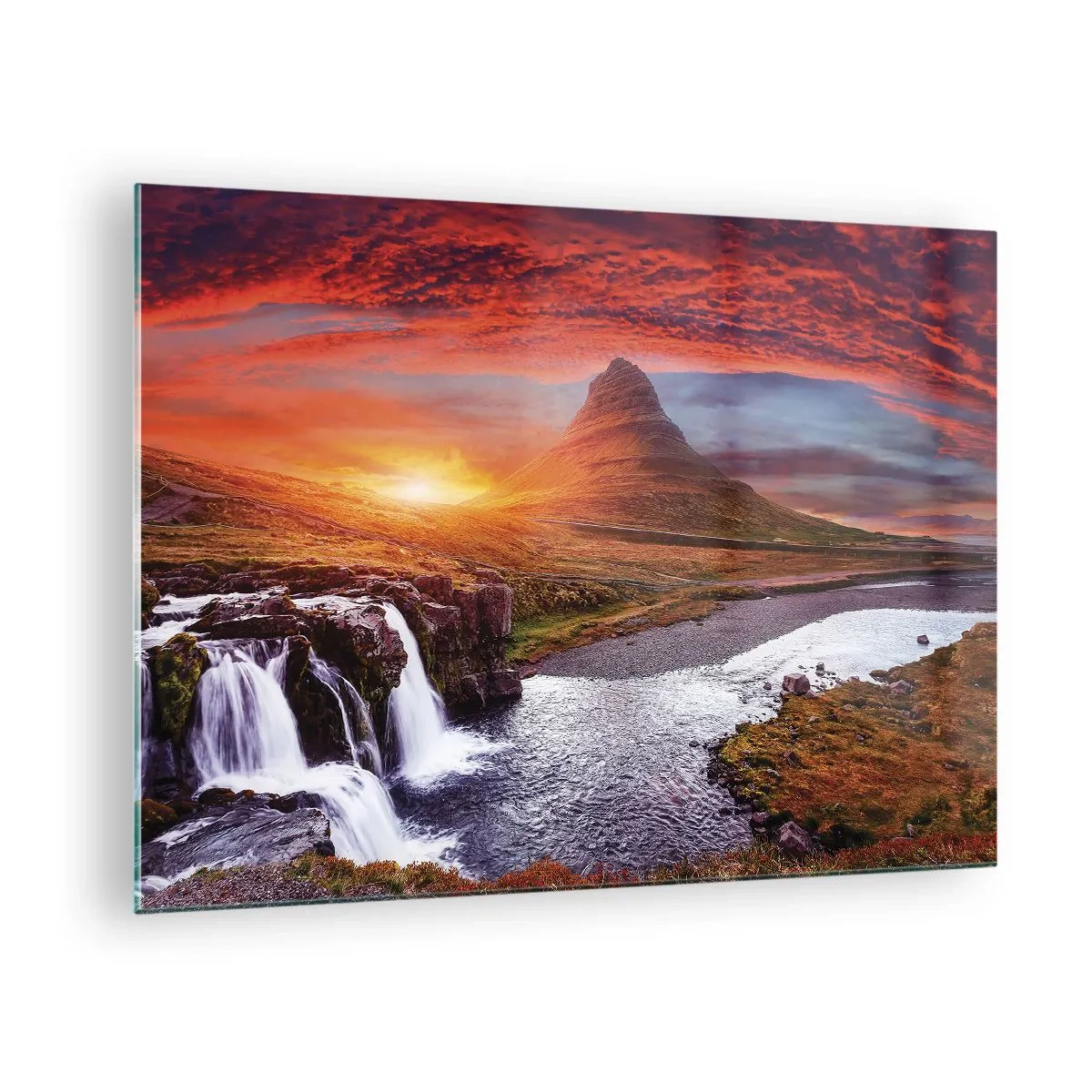 Obraz na szkle - Górski krajobraz z wodospadem i zachodem słońca - 70x50cm - Widok Śródziemia - Nowoczesna dekoracja ścienna do salonu i sypialni ARTTOR