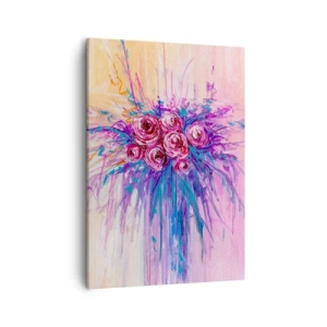 Obraz na płótnie - Abstrakcyjny bukiet róż w odcieniach różu i fioletu na pastelowym tle - 50x70cm - Różana fontanna - Nowoczesna dekoracja ścienna do salonu, kuchni i sypialni ARTTOR