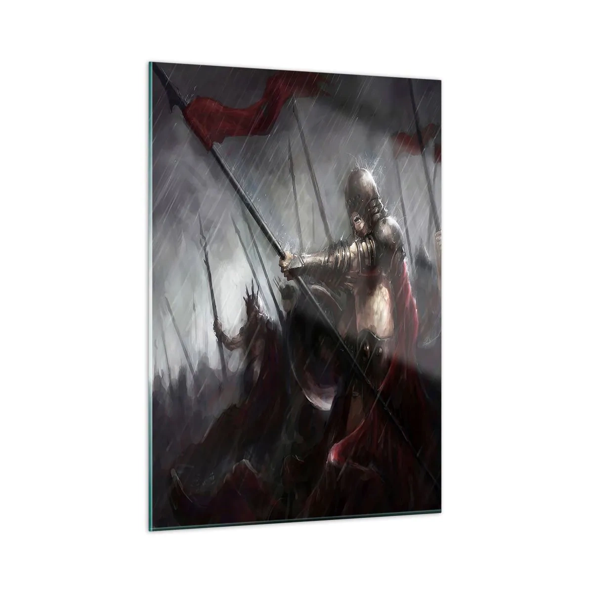 Obraz na szkle - Rycerze w deszczu na polu bitwy w pełnym rynsztunku - 50x70cm - Przechodniu, powiedz Sparcie… - Nowoczesna dekoracja ścienna do salonu, kuchni i sypialni ARTTOR
