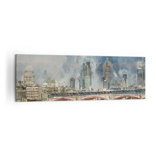 Obraz na płótnie - Akwarelowy widok na most i panoramę miasta - 160x50cm - Londyn w całej okazałości - Nowoczesna dekoracja ścienna do salonu i sypialni ARTTOR