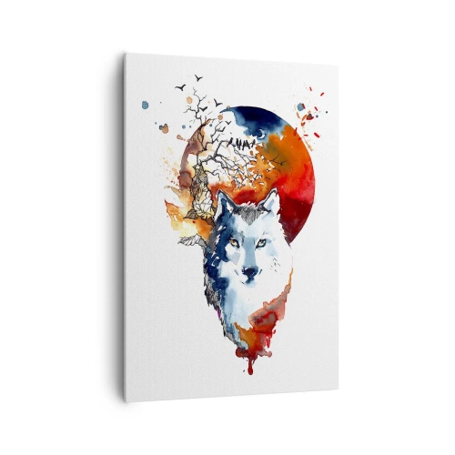 Obraz na płótnie - Abstrakcyjna akwarela wilka na tle czerwonego księżyca - 70x100cm - Nos w nos z nocą - Nowoczesna dekoracja ścienna do salonu i sypialni ARTTOR