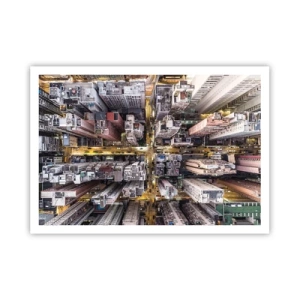 Plakat - Widok z lotu ptaka na miasto pełne drapaczy chmur - 100x70cm - Pozdrowienia z Hongkongu - Nowoczesna dekoracja ścienna do salonu i sypialni ARTTOR