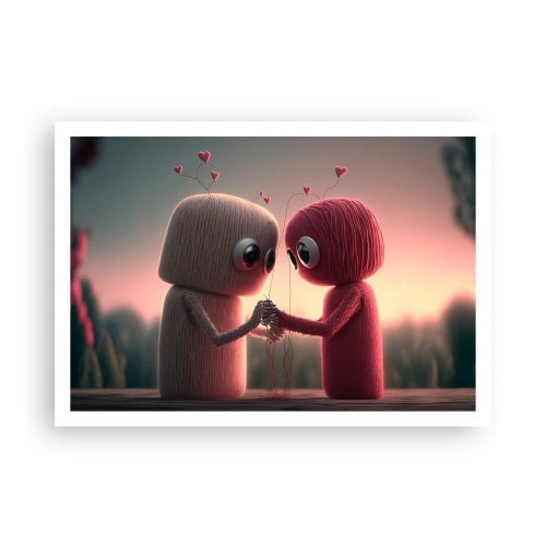 Plakat - Postacie z włóczki w uroczej scenerii z sercami - 100x70cm - Każdemu wolno kochać - Nowoczesna dekoracja ścienna do salonu i sypialni ARTTOR