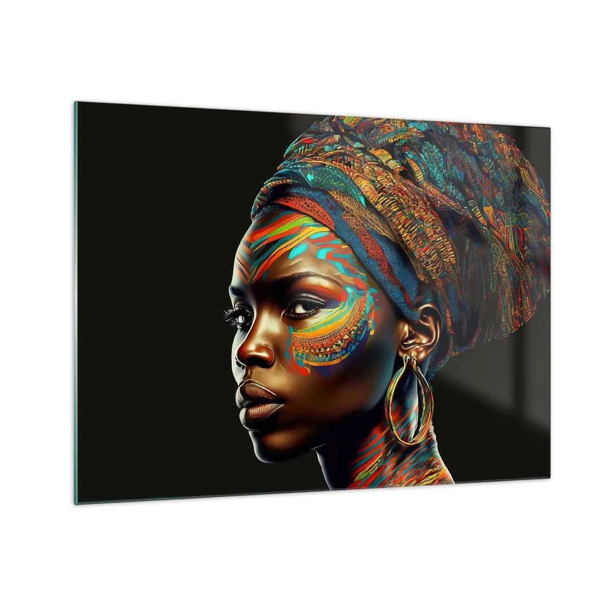 Obraz na szkle - Portret kobiety z kolorowym malunkiem i turbanem - 70x50cm - Afrykańska królowa - Nowoczesna dekoracja ścienna do salonu i sypialni ARTTOR