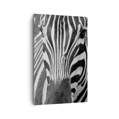 Obraz na płótnie - Czarno-białe zbliżenie zebry z charakterystycznymi pasami - 80x120cm - Świat jest czarno-biały - Nowoczesna dekoracja ścienna do salonu i sypialni ARTTOR