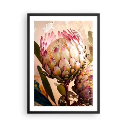 Plakat w czarnej ramie - Zbliżenie kwiatu protea w ciepłych barwach - 50x70cm - Czule objęte - Nowoczesna dekoracja ścienna do salonu i sypialni ARTTOR