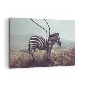 Obraz na płótnie - Surrealistyczna zebra na tle trawiastego krajobrazu - 120x80cm - Uwaga! Usterka - Nowoczesna dekoracja ścienna do salonu, kuchni i sypialni ARTTOR