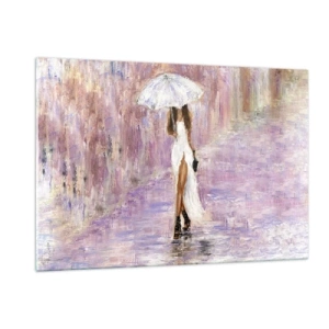 Obraz na szkle - Postać kobiety z parasolką w liliowej scenerii deszczu - 120x80cm - W liliowym deszczu - Nowoczesna dekoracja ścienna do salonu, kuchni i sypialni ARTTOR