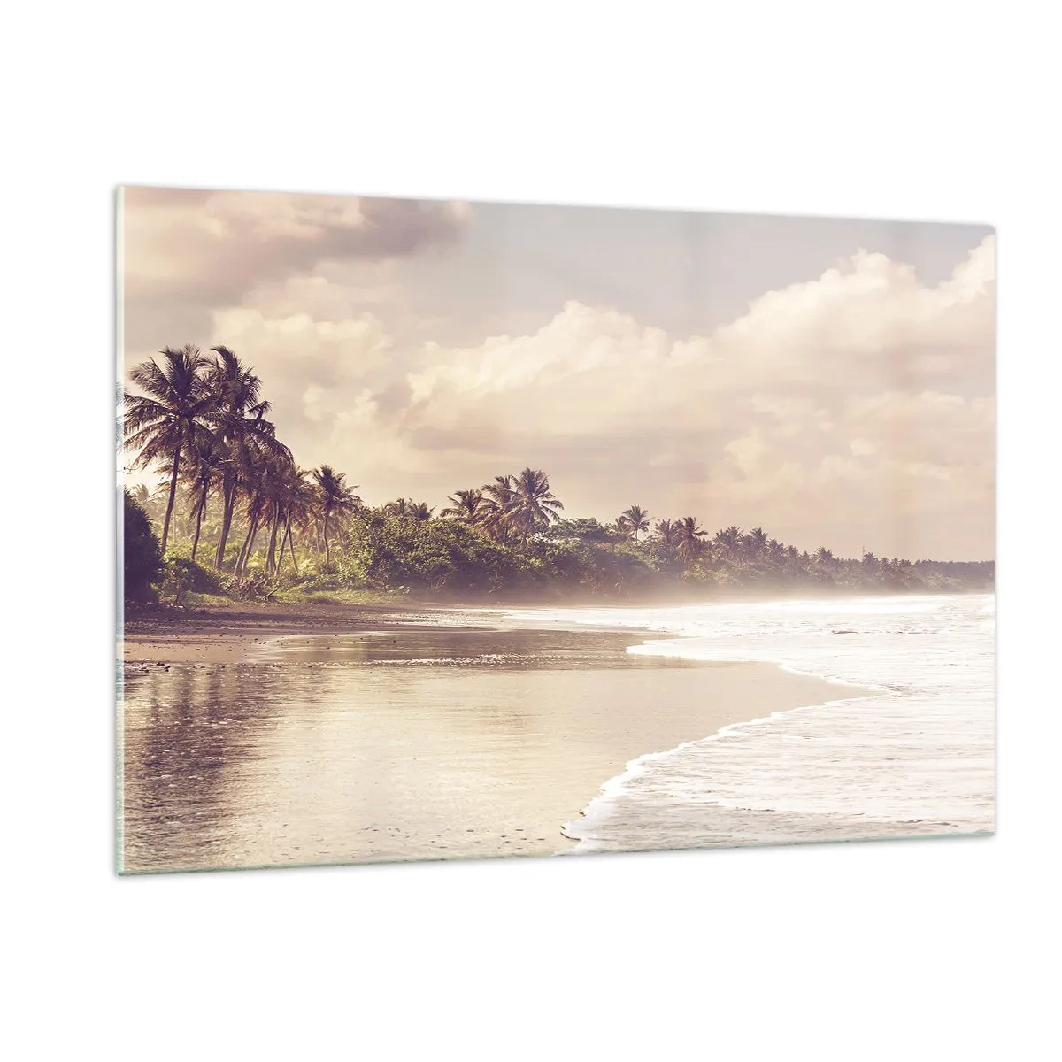 Obraz na szkle - Złocista plaża z palmami i spokojnym oceanem przy delikatnym świetle - 120x80cm - Pieszczota fal - Nowoczesna dekoracja ścienna do salonu, kuchni i sypialni ARTTOR