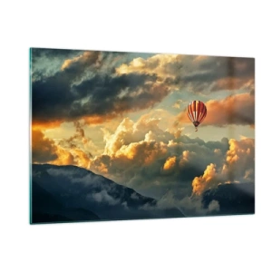 Obraz na szkle - Balon unoszący się nad górami wśród chmur przy zachodzie słońca - 120x80cm - Lecę, bo chcę - Nowoczesna dekoracja ścienna do salonu, kuchni i sypialni ARTTOR