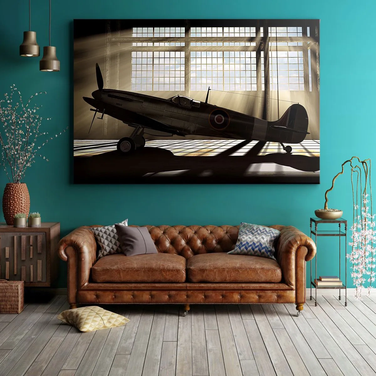 Obraz na płótnie - Historyczny samolot w hangarze oświetlonym promieniami słońca - 70x50cm - Odpoczynek wojownika - Nowoczesna dekoracja ścienna do salonu i sypialni ARTTOR