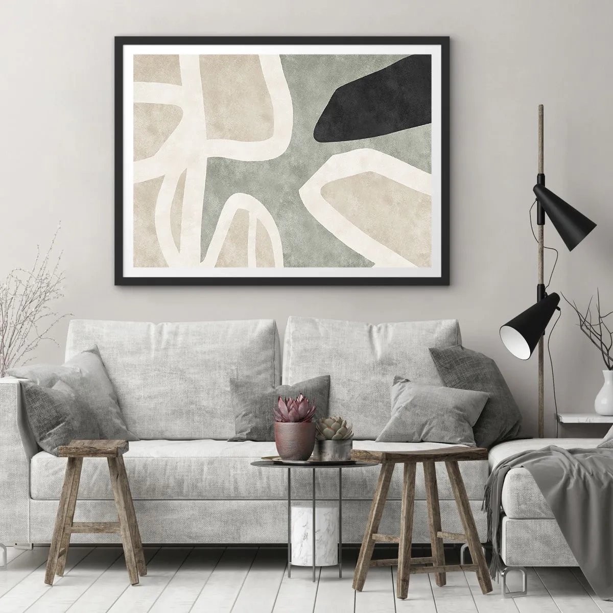 Plakat w czarnej ramie - Abstrakcyjne kształty w stonowanych barwach - 100x70cm - Kompozycja z motywem czerni - Nowoczesna dekoracja ścienna do salonu i sypialni ARTTOR