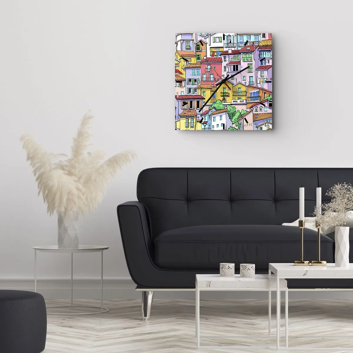 Zegar ścienny - Kolorowe kamienice w żywej, radosnej stylistyce - 30x30cm - Wesołe miasto - Nowoczesna dekoracja ścienna do salonu i sypialni ARTTOR