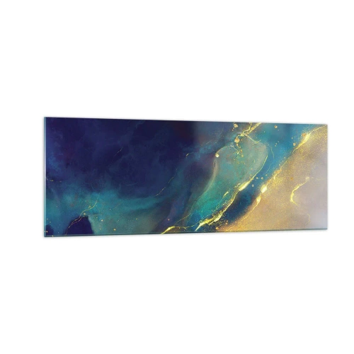 Obraz na szkle - Abstrakcyjna kompozycja w odcieniach niebieskiego i złotego na płótnie - 140x50cm - Złote rozlewisko - Nowoczesna dekoracja ścienna do salonu i sypialni ARTTOR