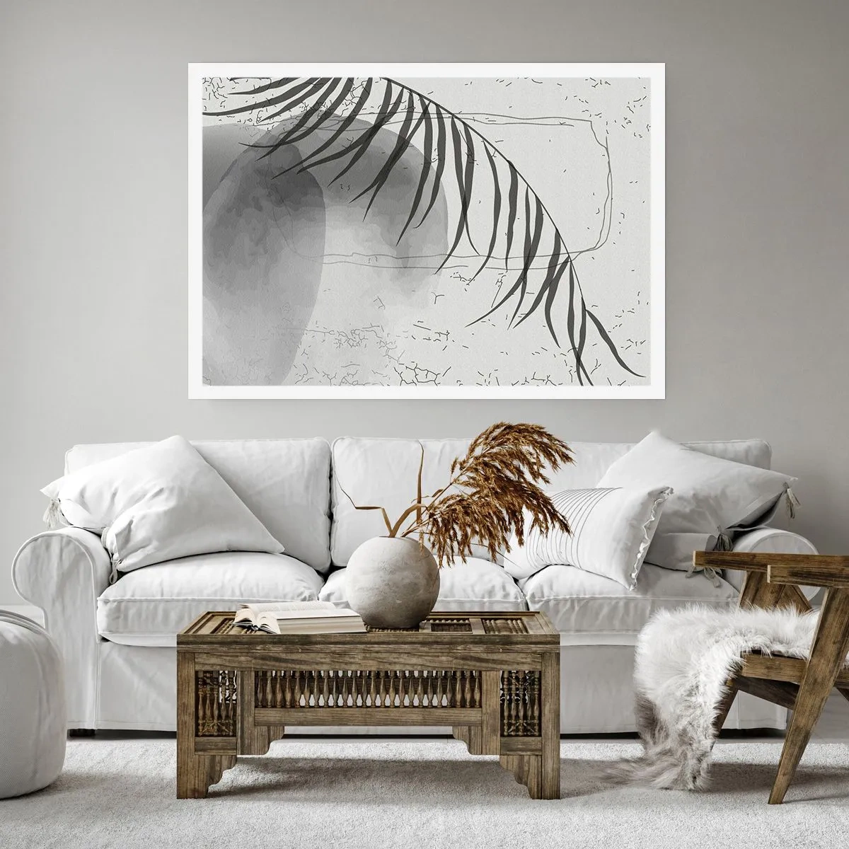 Plakat - Delikatny motyw liścia palmy na jasnym tle w stylu skandynawskim - 100x70cm - Subtelna egzotyka natury - Nowoczesna dekoracja ścienna do salonu i sypialni ARTTOR