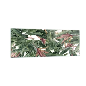 Obraz na szkle - Dekoracyjny motyw liści w odcieniach zieleni i bordo na jasnym tle - 140x50cm - Szmaragdowo-liliowy gąszcz - Nowoczesna dekoracja ścienna do salonu i sypialni ARTTOR