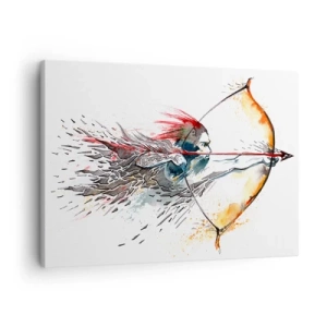 Obraz na płótnie - Dynamiczna akwarela wojownika z łukiem i strzałą - 70x50cm - Mityczny wojownik z ognistym łukiem - Nowoczesna dekoracja ścienna do salonu i sypialni ARTTOR