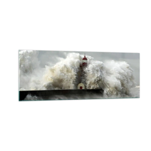Obraz na szkle - Latarnia morska otoczona wzburzonymi falami podczas sztormu - 140x50cm - Gniew oceanu - Nowoczesna dekoracja ścienna do salonu i sypialni ARTTOR