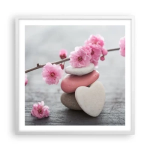 Plakat w białej ramie - Błogość z kwiatem wiśni - 60x60 cm