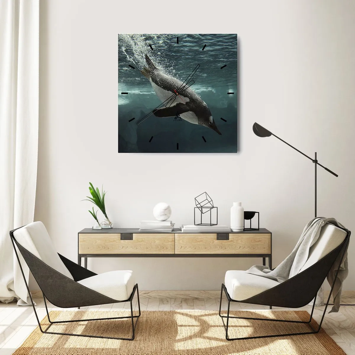 Zegar ścienny - Pingwin nurkujący w głębinach lodowej wody - 30x30cm - Witaj w moim świecie - Nowoczesna dekoracja ścienna do salonu i sypialni ARTTOR