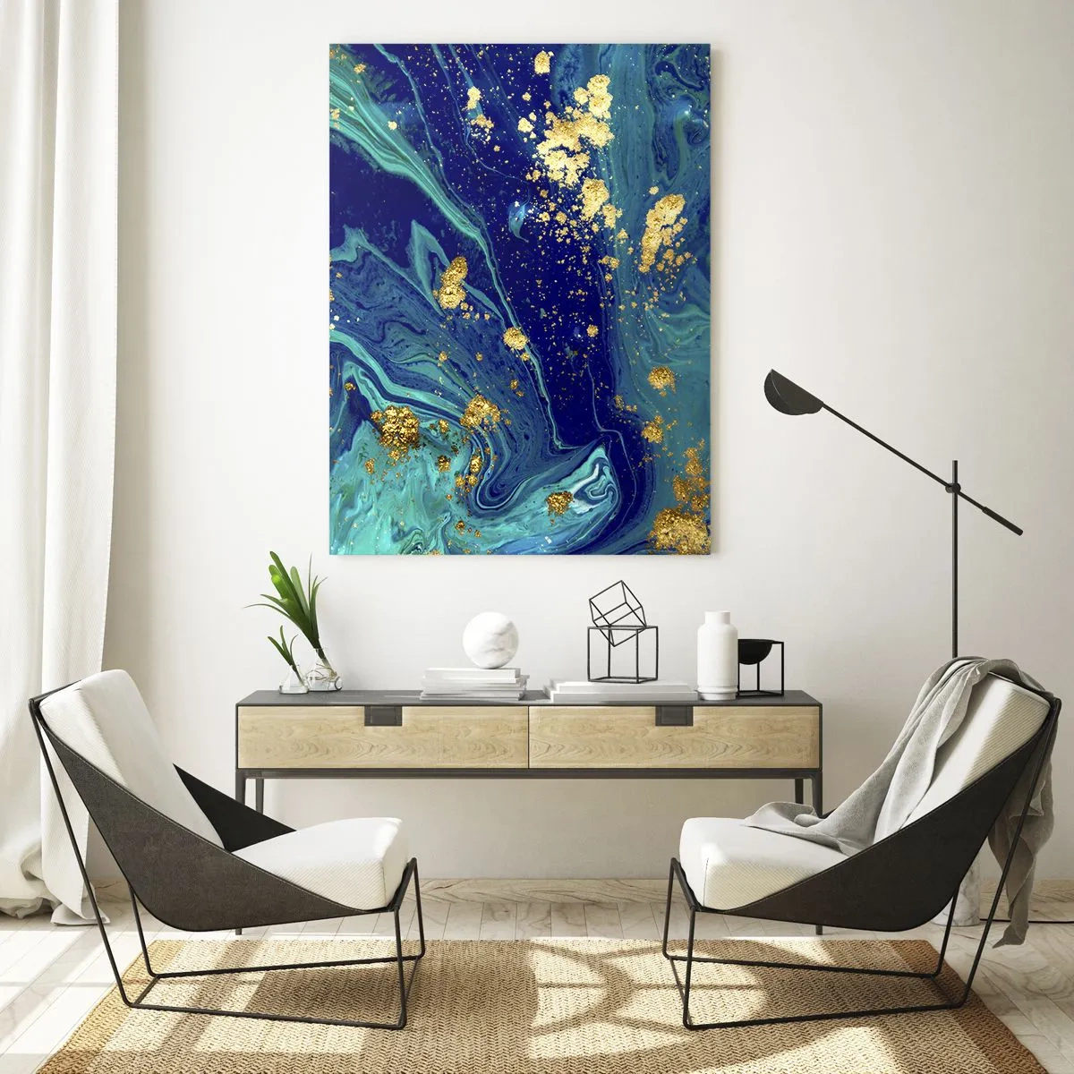 Obraz na szkle - Abstrakcyjny wzór w odcieniach turkusu i granatu z złotymi akcentami - 50x70cm - Płatki słońca - Nowoczesna dekoracja ścienna do salonu, kuchni i sypialni ARTTOR