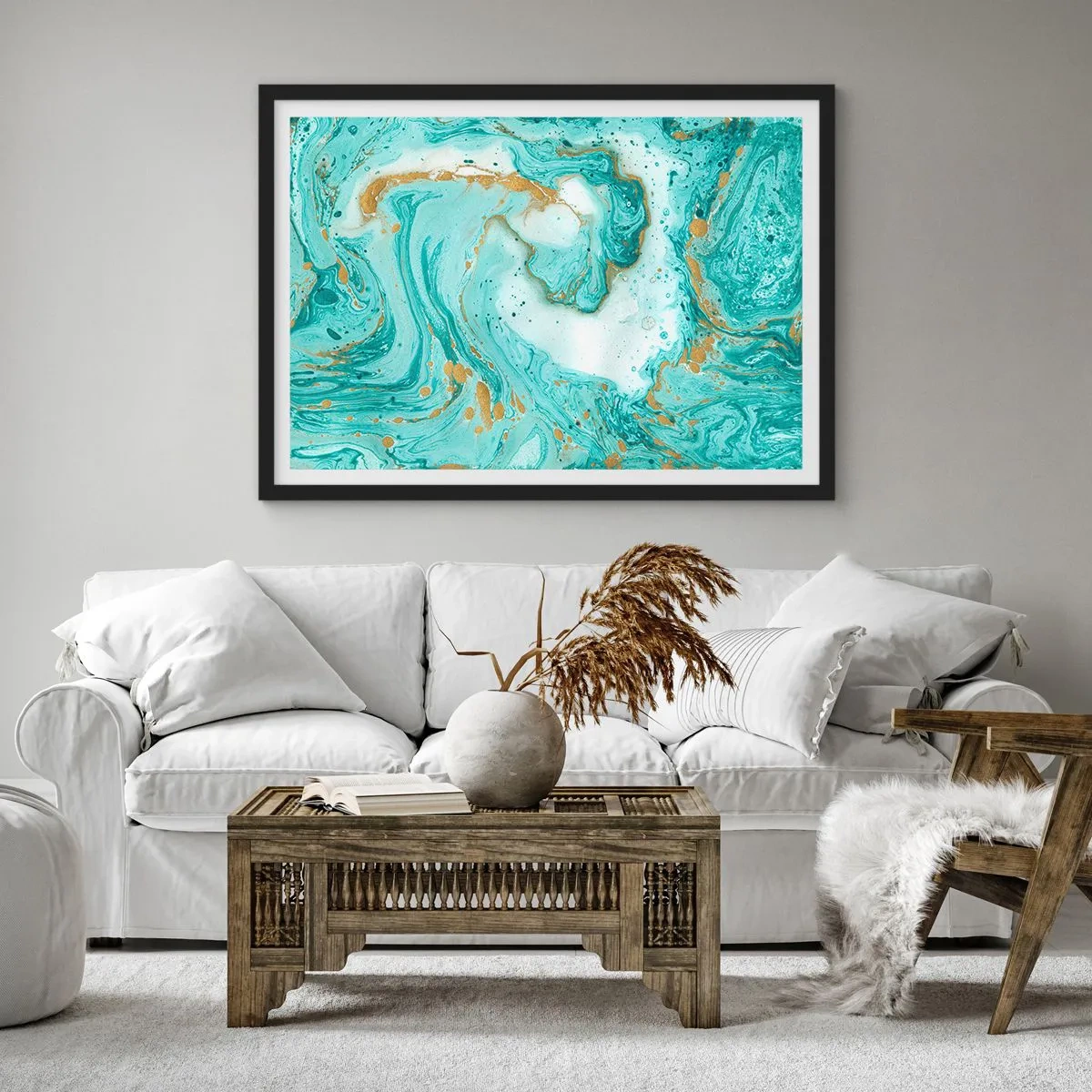 Plakat w czarnej ramie - Turkusowy marmur z akcentami złota w abstrakcyjnej kompozycji - 70x50cm - Pod wielką falą z epoki Edo - Nowoczesna dekoracja ścienna do salonu i sypialni ARTTOR