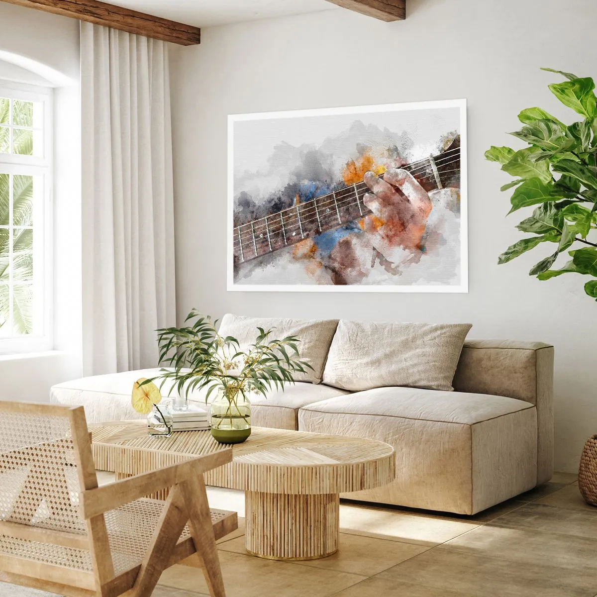 Plakat - Abstrakcyjny obraz ręki grającej na gitarze - 100x70cm - Poezja między strunami - Nowoczesna dekoracja ścienna do salonu i sypialni ARTTOR