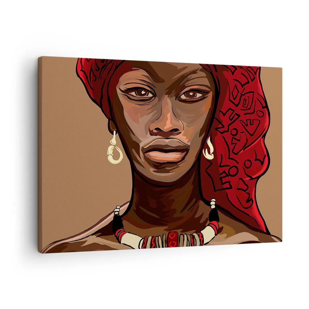 Obraz na płótnie - Portret kobiety z czerwonym turbanem na beżowym tle - 70x50cm - Hebanowa Wenus - Nowoczesna dekoracja ścienna do salonu i sypialni ARTTOR