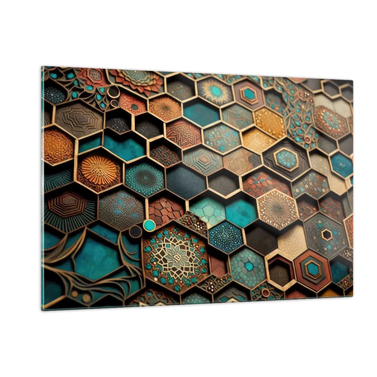 Obraz na szkle - Mozaika z geometrycznych wzorów w orientalnym stylu - 120x80cm - Arabskie ornamenty – wariacja - Nowoczesna dekoracja ścienna do salonu, kuchni i sypialni ARTTOR