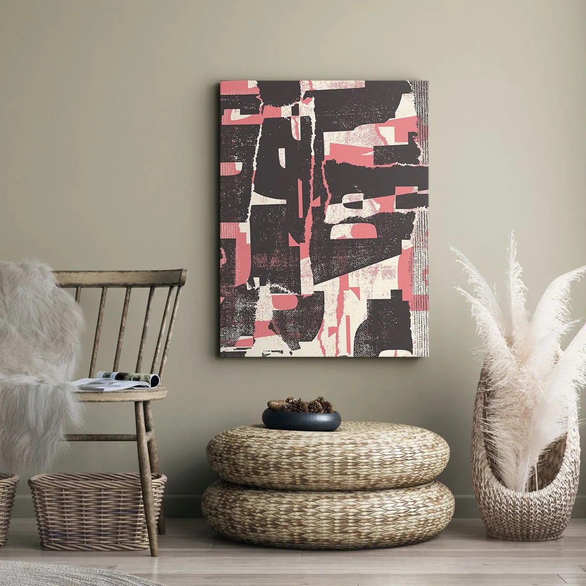 Obraz na płótnie - Abstrakcyjna kompozycja w odcieniach różu, beżu i czerni z geometrycznymi kształtami - 50x70cm - Cały ten zgiełk - Nowoczesna dekoracja ścienna do salonu, kuchni i sypialni ARTTOR