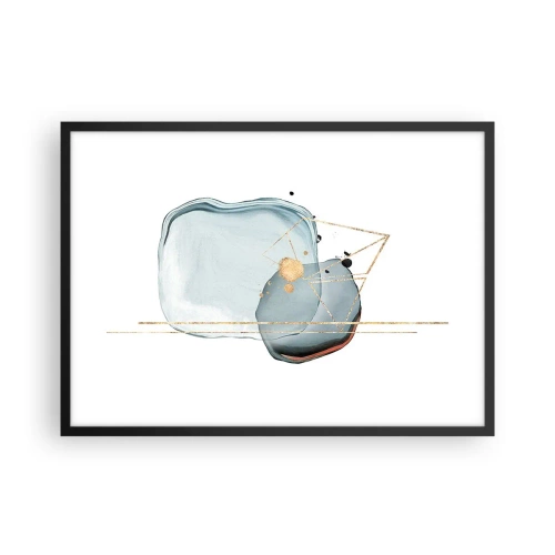 Plakat w czarnej ramie - Abstrakcyjne formy w odcieniach błękitu i złota na białym tle - 70x50cm - Studium kropli - Nowoczesna dekoracja ścienna do salonu i sypialni ARTTOR